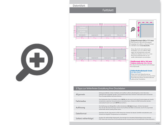 Product Bild faltblatt__gefalzt_auf_quadrat_10_5_cm_x_10_5_cm__8-seiter_(zickzackfalz)__beidseitig_bedruckt_(4_4_farbig_+_2_sonderfarben_hks)