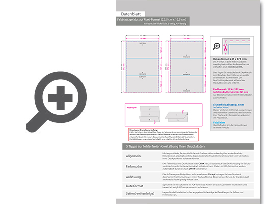 Product Bild faltblatt__gefalzt_auf_maxi-format_(23_5_cm_x_12_5_cm)__horizontaler_wickelfalz__6-seitig